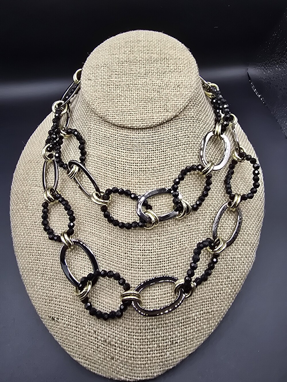 (NWT) Cookie Lee Black Beaded, Hematite, and Gold Link Layered Necklace/Earrings